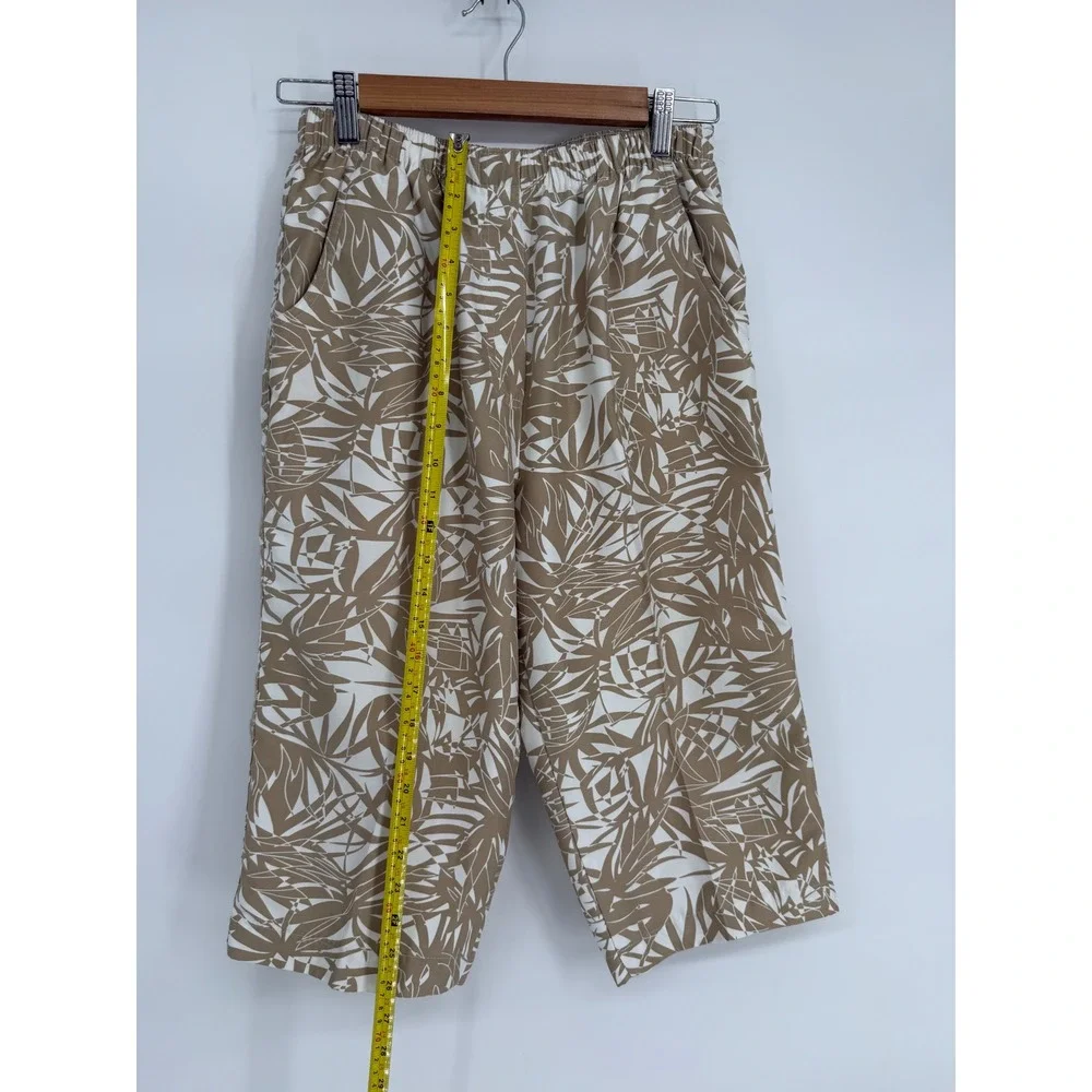 Alia Tan White Palm Leaf Print Elastic Cropped Wide Leg Pants Sz (see pics)